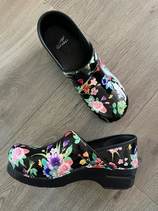 Dansko Black Floral Patent Clogs - Picture 1 of 6